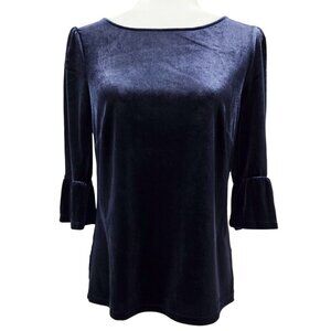 Boden Blue Velvet Ruffle Cuff Top Elbow Sleeve Whimsical Stretch T1497